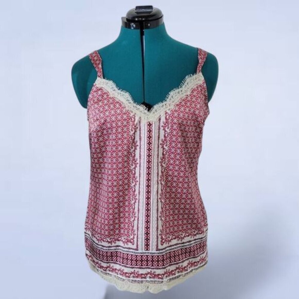 White House Black Market Satin‎ Blouse MCM Filigree Pattern with Lace Trim - XS